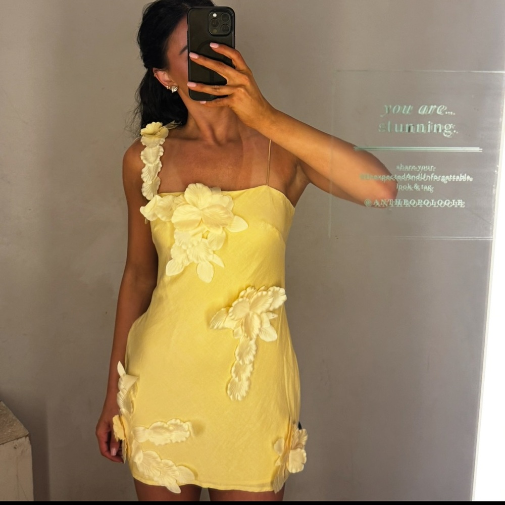 Anthropologie Yellow Floral Appliqué Mini Slip Dress